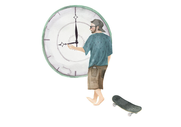 Illustration Johannes Illustration_von_Johnnes_der_bei_einer_Uhr_die_Zeiger_verstellt